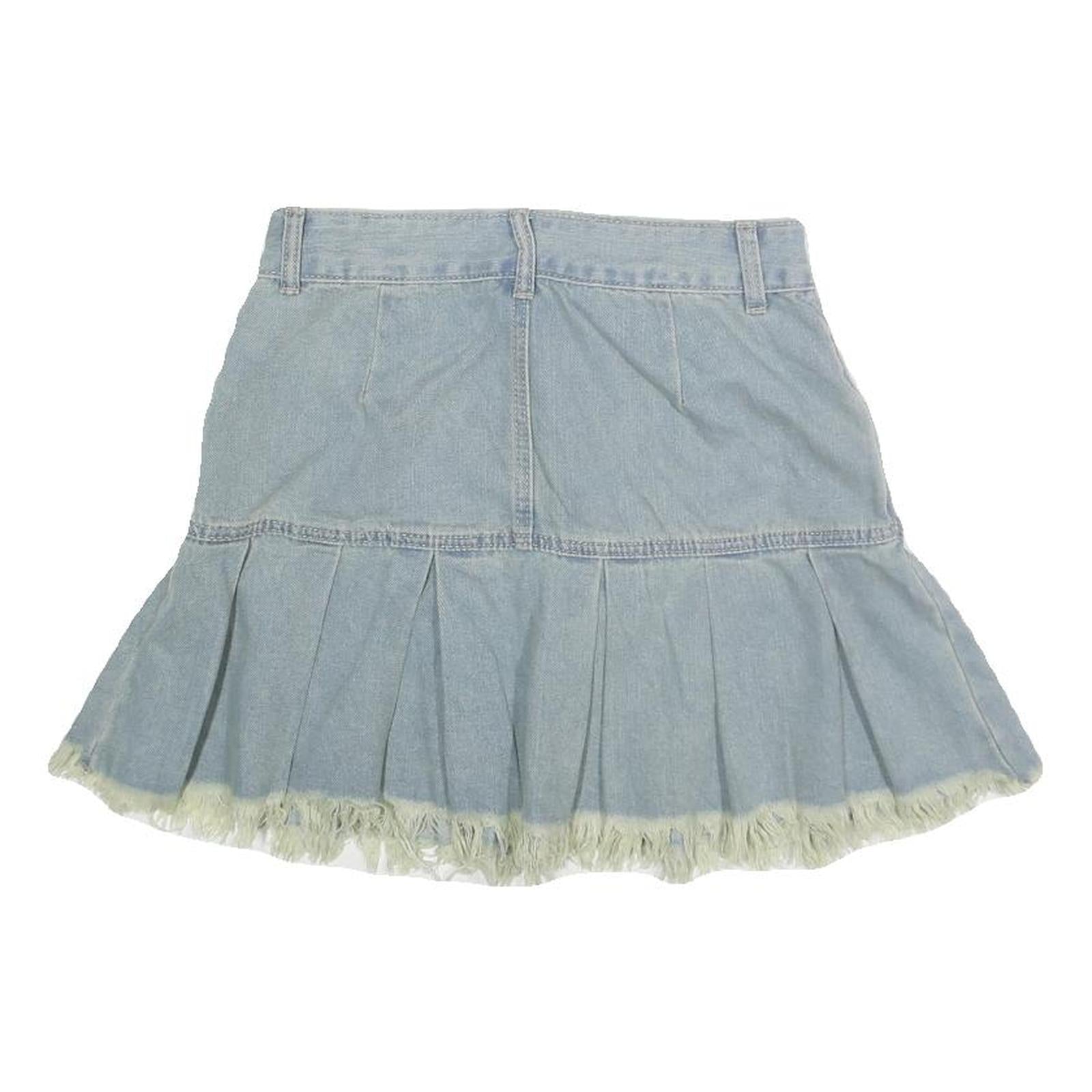 ROMWE Womens Blue Denim Pleated Mini Skirt Cotton XS Frayed Hem Casual