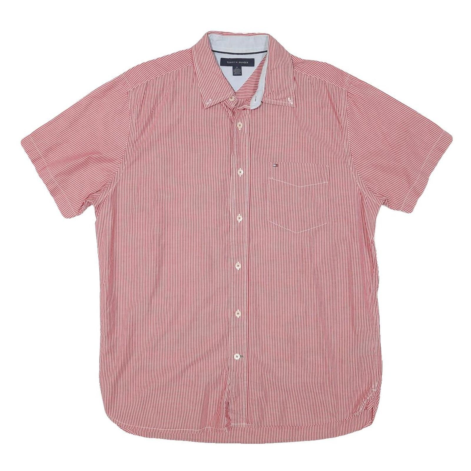 TOMMY HILFIGER Mens Red & White Striped Shirt M Casual Button Down Cotton Blend