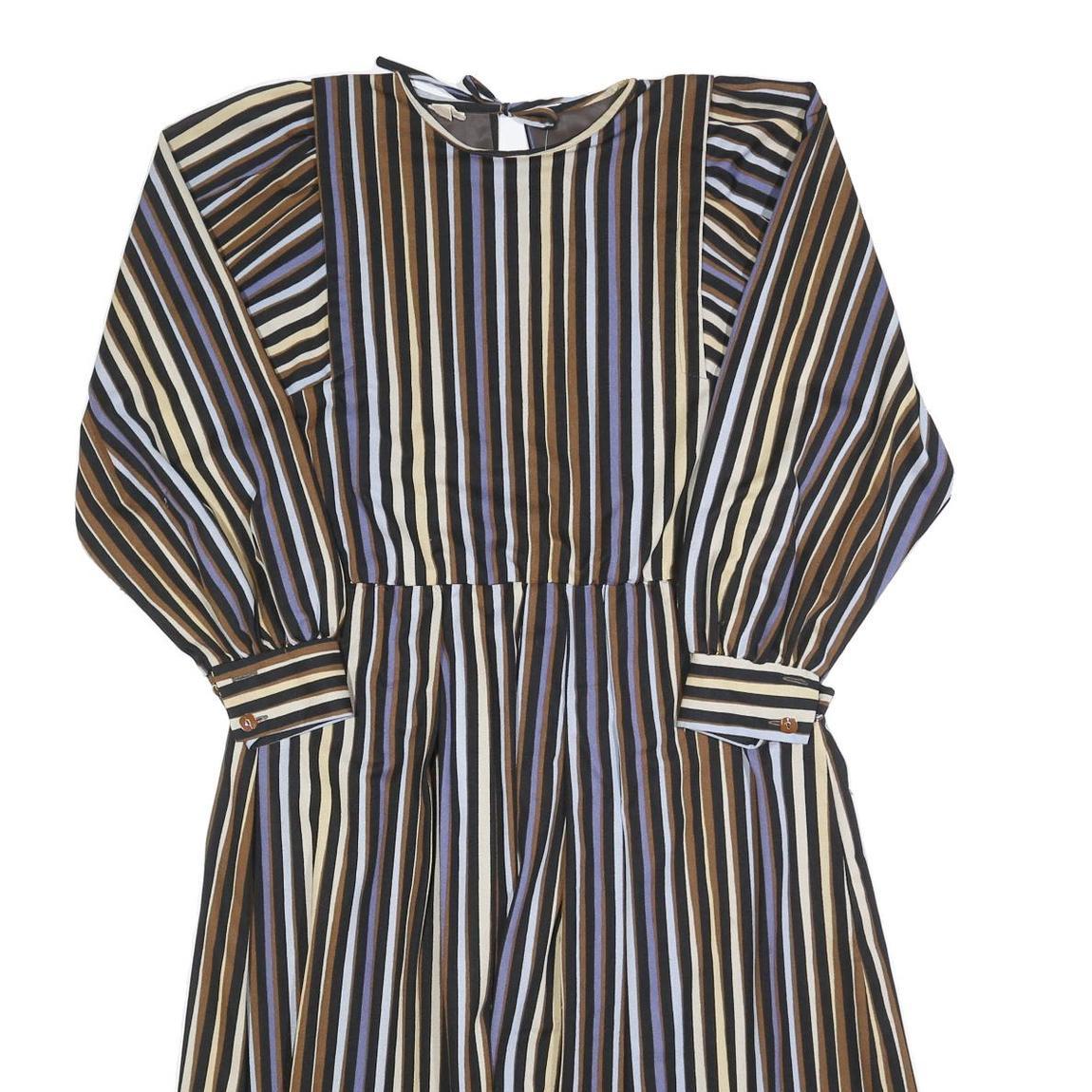 Womens Black Brown Blue Striped Day Dress Polyester Blend Long Sleeve Knee