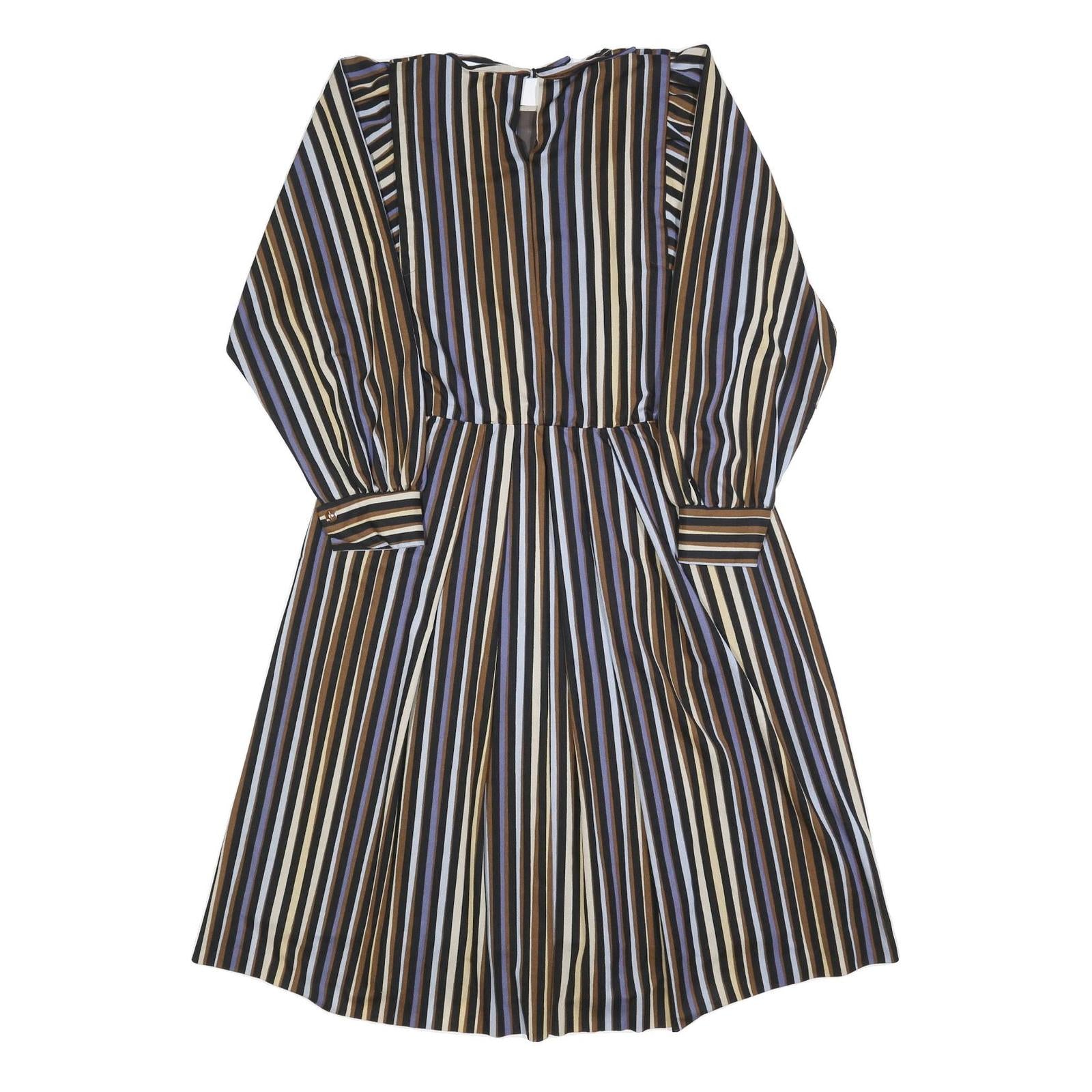 Womens Black Brown Blue Striped Day Dress Polyester Blend Long Sleeve Knee