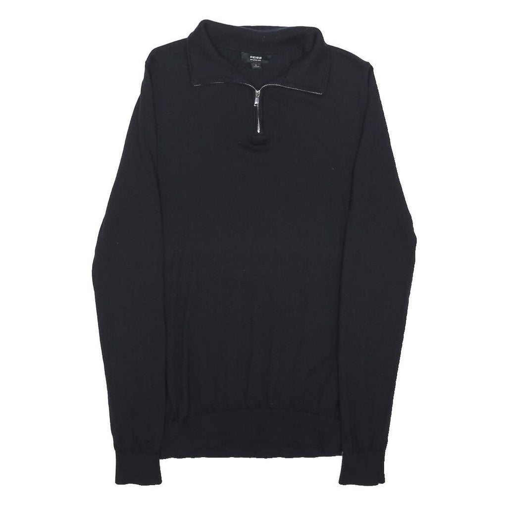 REISS Mens Black Wool Plain Pullover Zip Neck Basic Knit S Smart Casual Jumper
