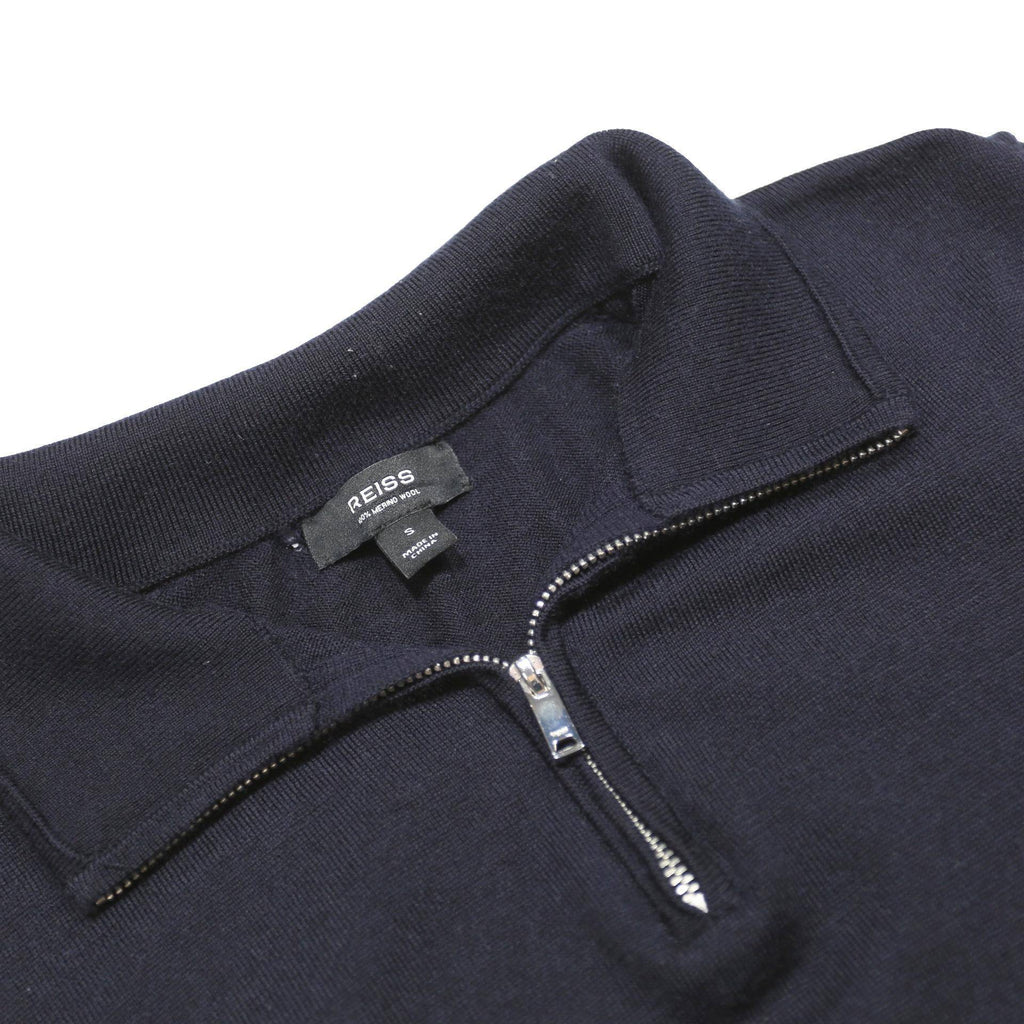 REISS Mens Black Wool Plain Pullover Zip Neck Basic Knit S Smart Casual Jumper
