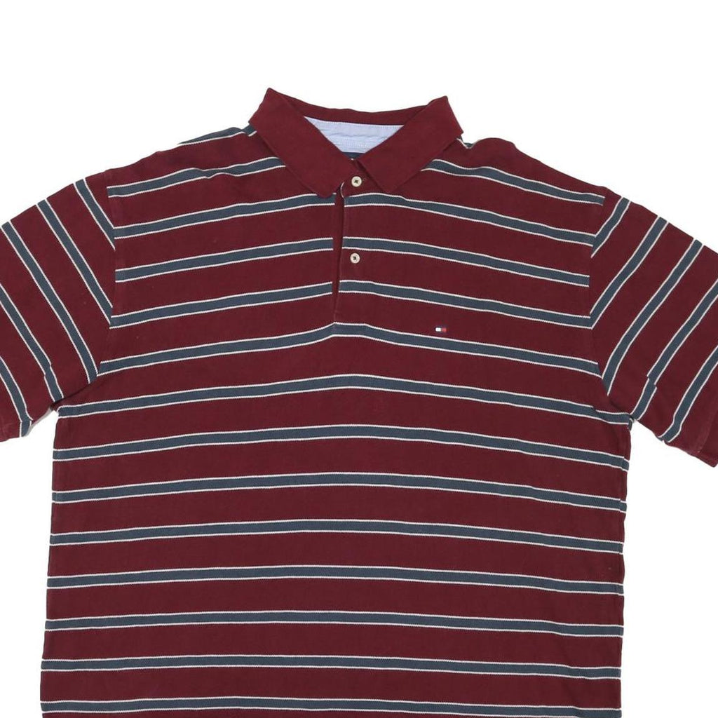 TOMMY HILFIGER Mens Maroon & Blue Striped Short Sleeve Polo Shirt 2XL Cotton