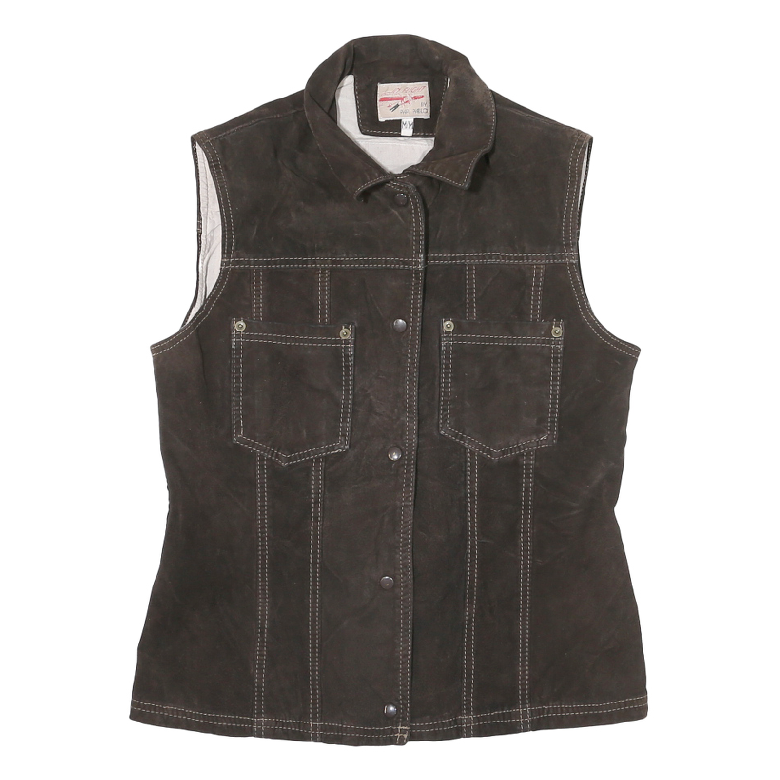 IN FLIGHT Womens Brown Leather Button Jacket M Woven Sleeveless Stylish Casual