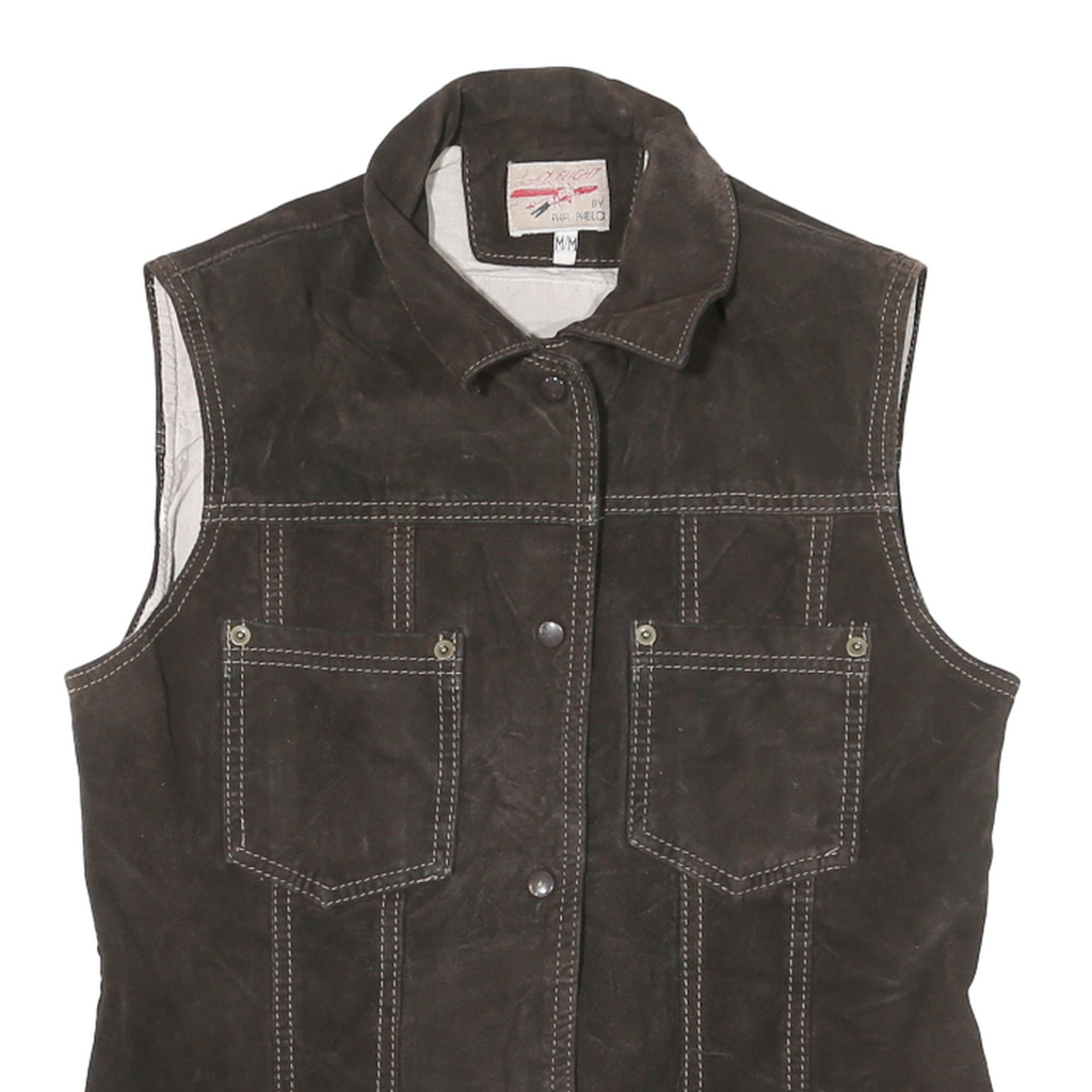 IN FLIGHT Womens Brown Leather Button Jacket M Woven Sleeveless Stylish Casual