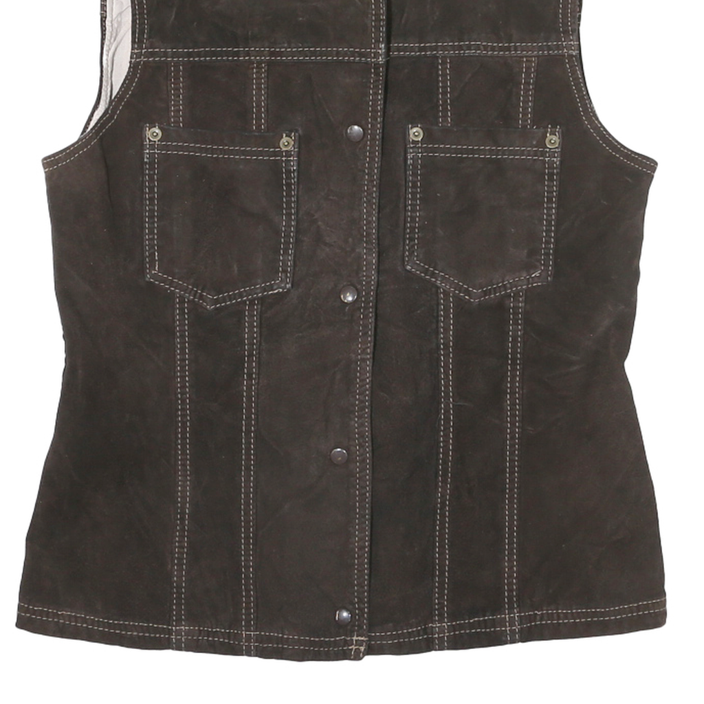 IN FLIGHT Womens Brown Leather Button Jacket M Woven Sleeveless Stylish Casual