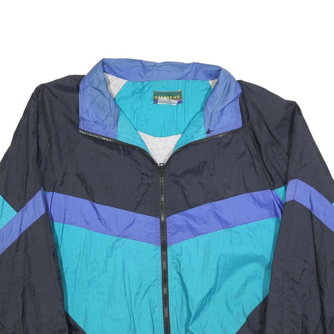 GRENADIER Mens Black & Blue Colourblock Track Jacket L Nylon Zip Retro Style