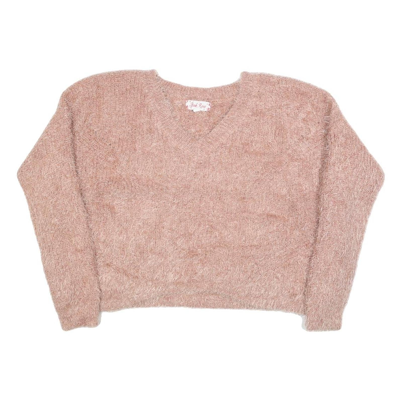PINK ROSE Womens Pink Jumper Plain V-Neck Chunky Knit M Casual Soft