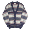 SISLEY Mens Blue White Red Patterned Button Up Fair Isle V-Neck Jumper S Cotton