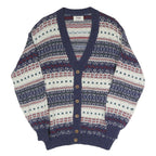 SISLEY Mens Blue White Red Patterned Button Up Fair Isle V-Neck Jumper S Cotton