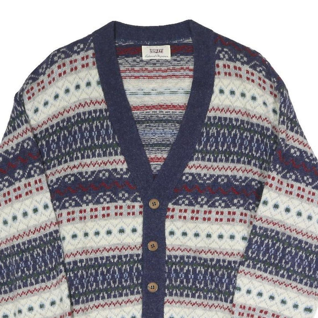 SISLEY Mens Blue White Red Patterned Button Up Fair Isle V-Neck Jumper S Cotton