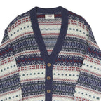 SISLEY Mens Blue White Red Patterned Button Up Fair Isle V-Neck Jumper S Cotton