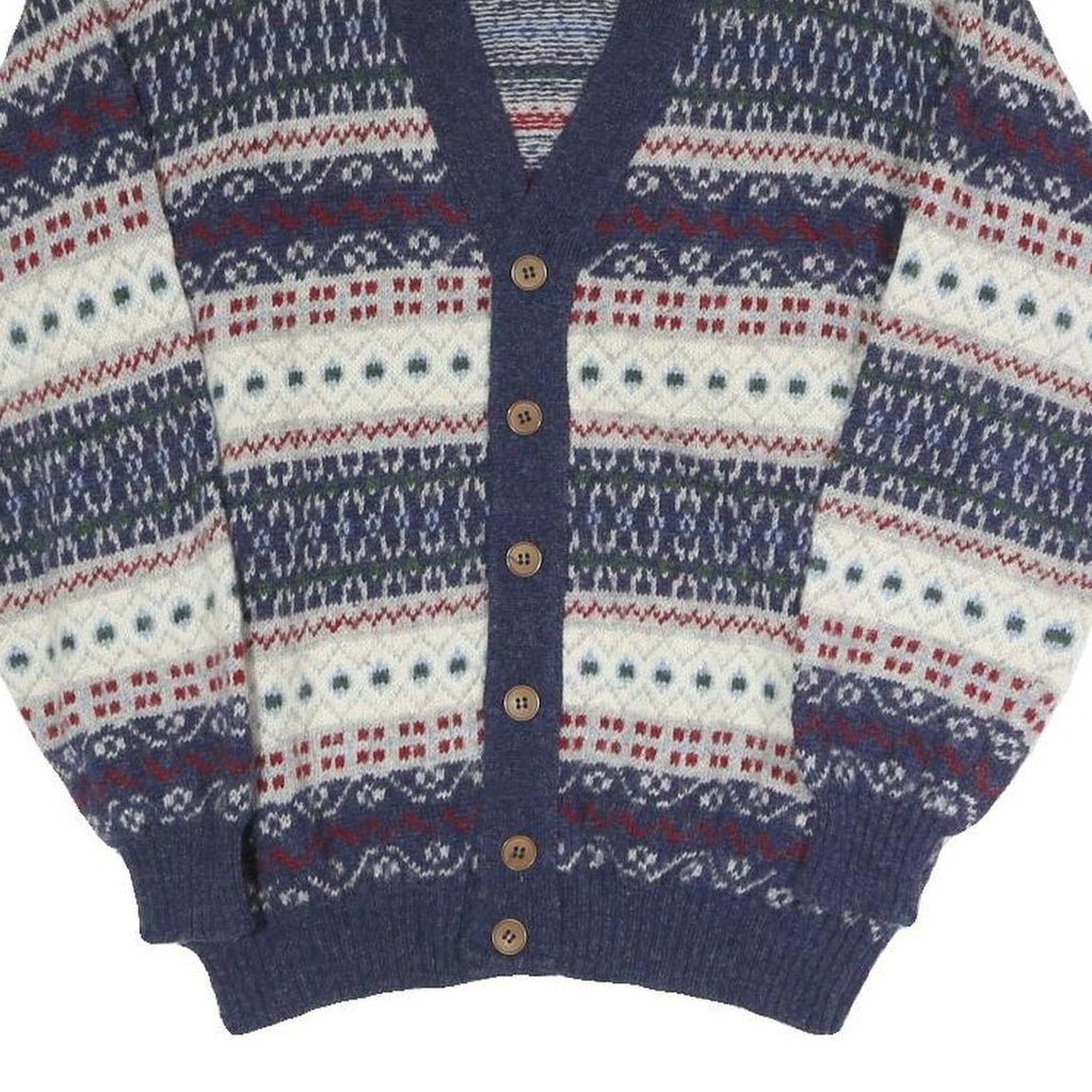 SISLEY Mens Blue White Red Patterned Button Up Fair Isle V-Neck Jumper S Cotton