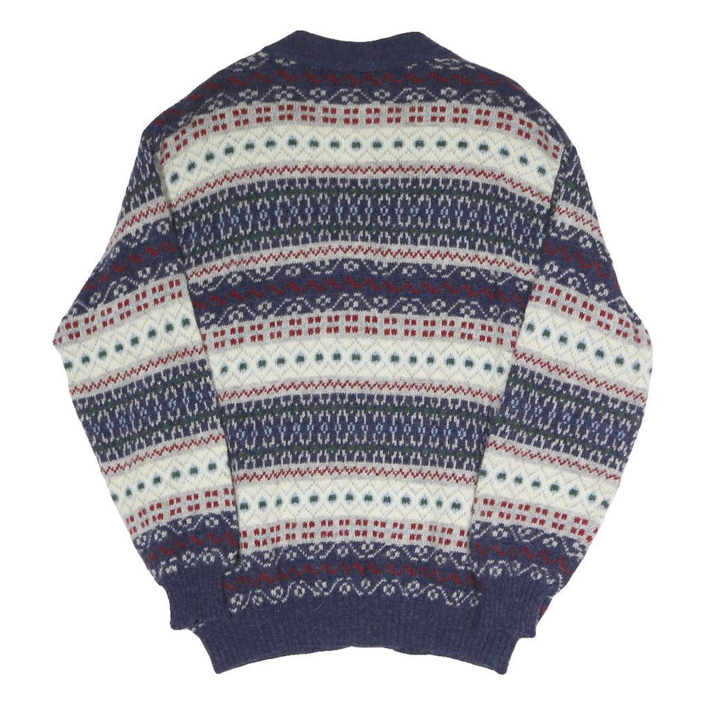 SISLEY Mens Blue White Red Patterned Button Up Fair Isle V-Neck Jumper S Cotton