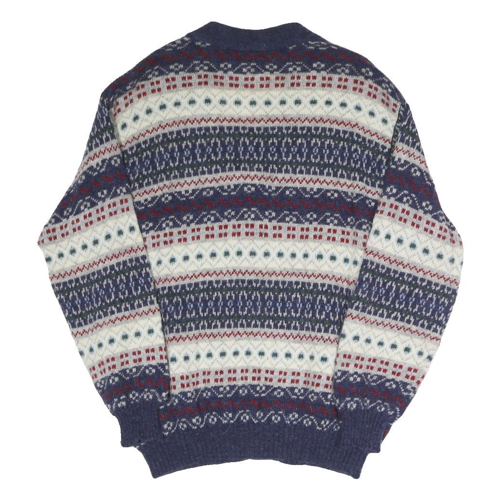 SISLEY Mens Blue White Red Patterned Button Up Fair Isle V-Neck Jumper S Cotton