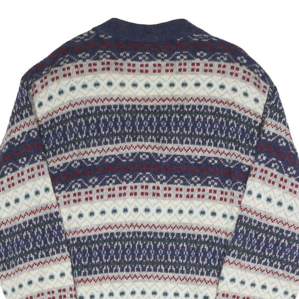 SISLEY Mens Blue White Red Patterned Button Up Fair Isle V-Neck Jumper S Cotton