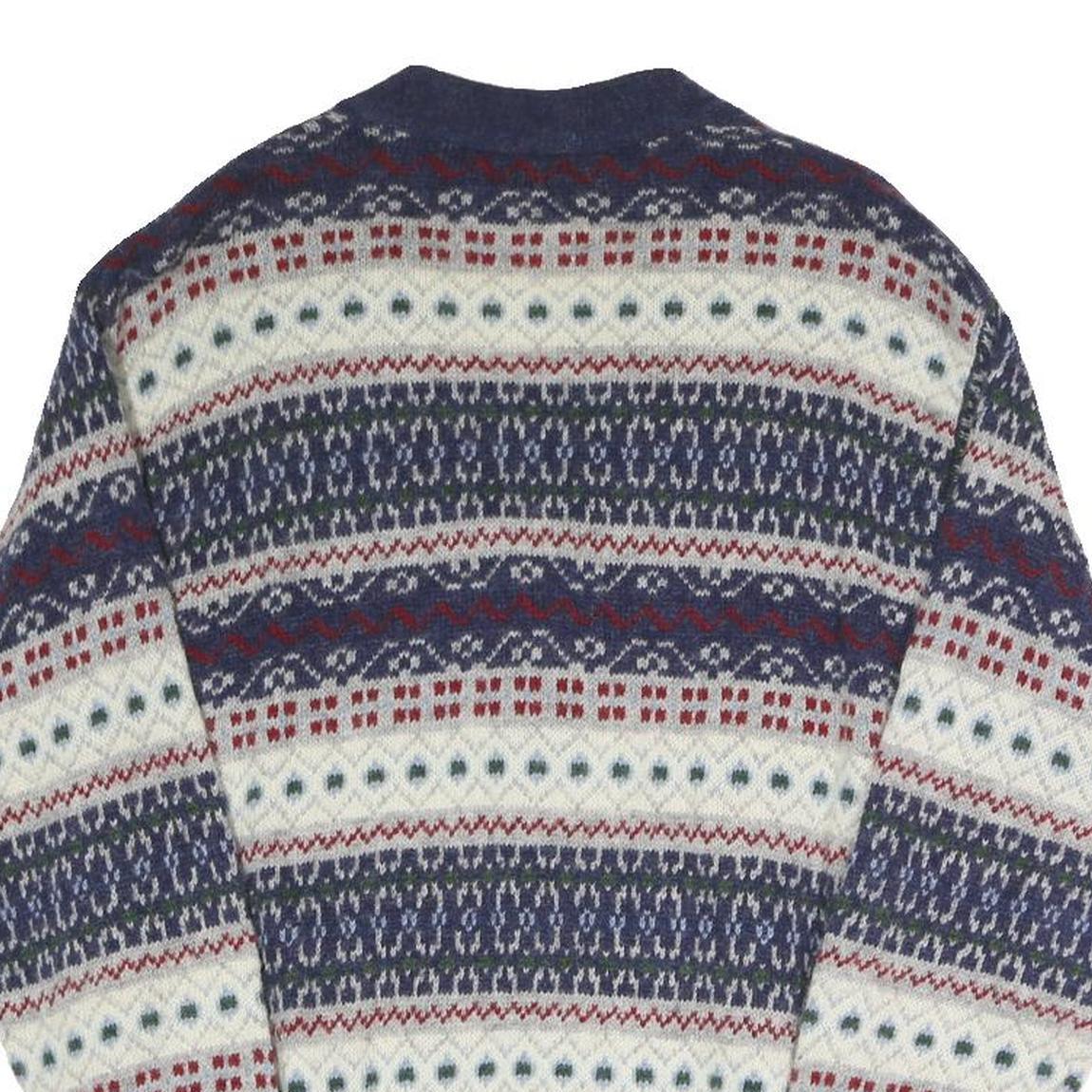 SISLEY Mens Blue White Red Patterned Button Up Fair Isle V-Neck Jumper S Cotton