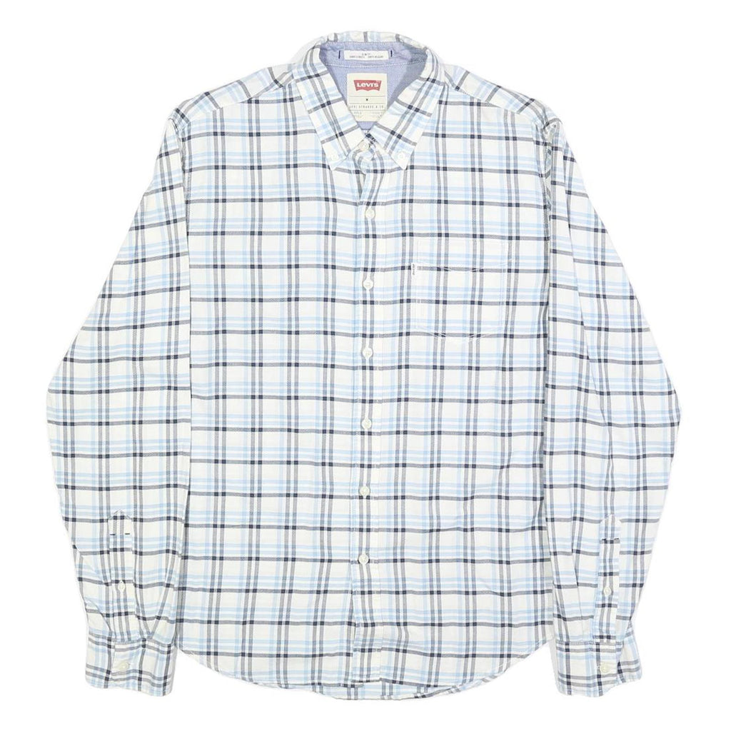 LEVI'S Mens White & Blue Checked Cotton Shirt M Classic Button-Down Collar Long
