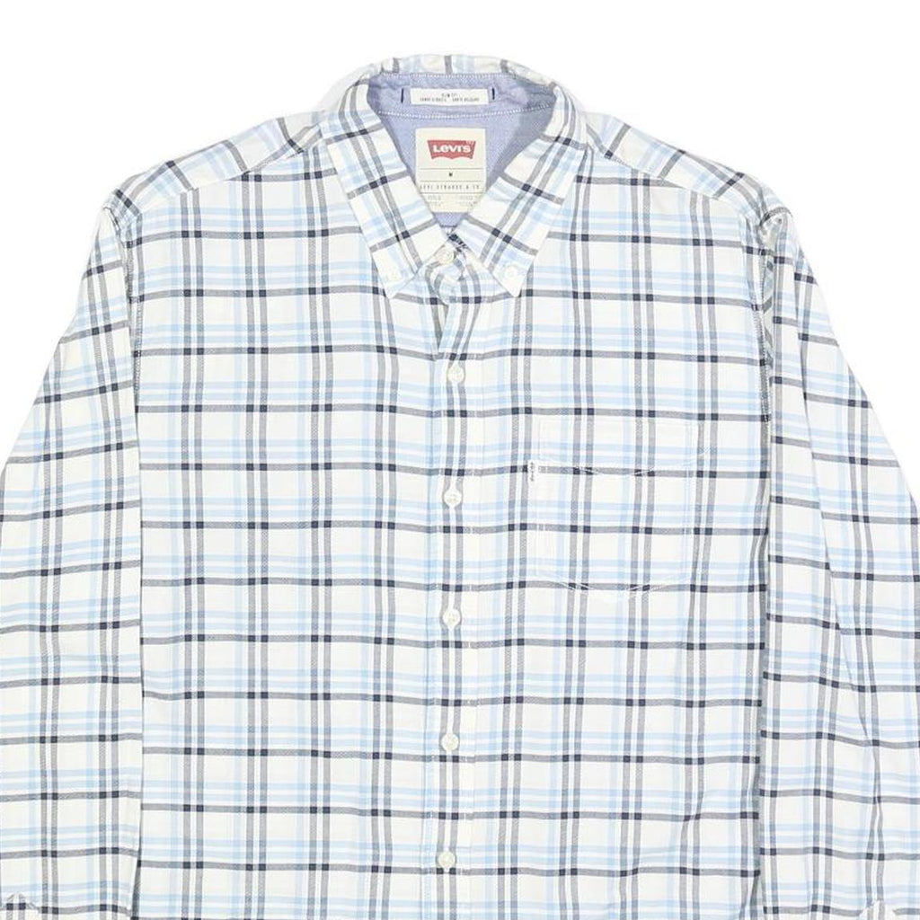 LEVI'S Mens White & Blue Checked Cotton Shirt M Classic Button-Down Collar Long