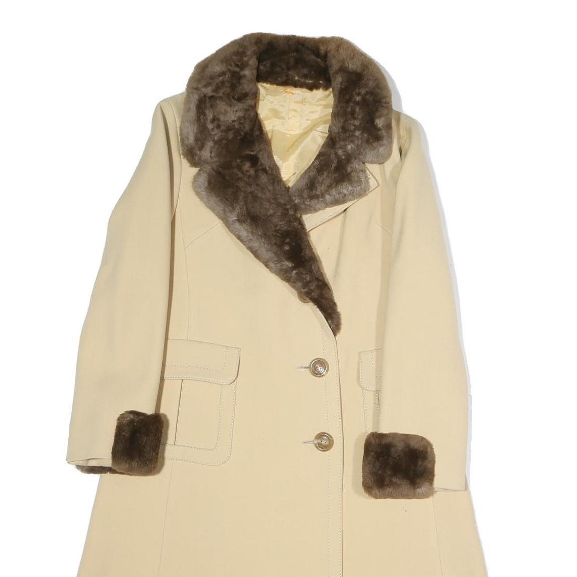 Womens Beige & Brown Faux Fur Collar Button Jacket S Polyester Blend Classic