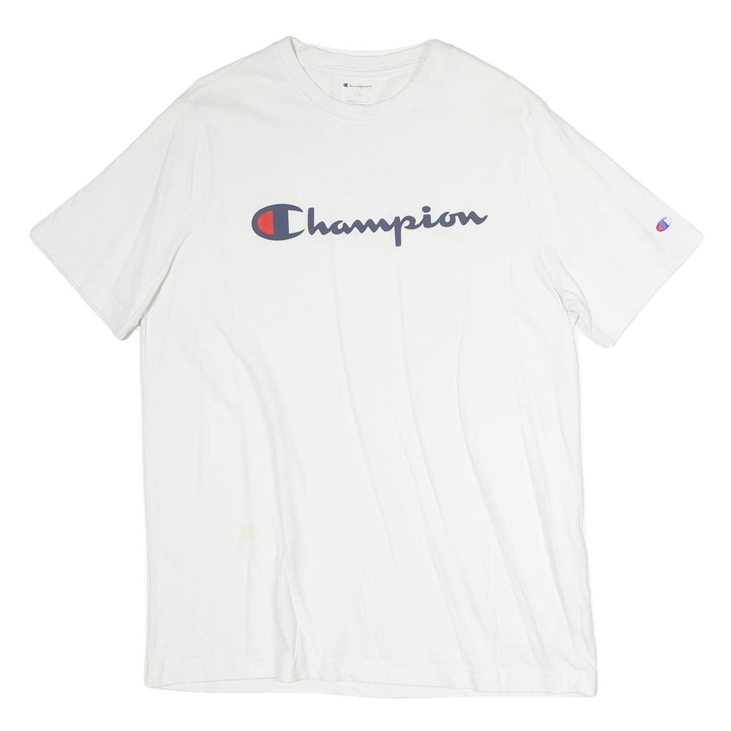 CHAMPION Mens White Cotton Graphic T-Shirt L Short Sleeve Crew Neck Logo