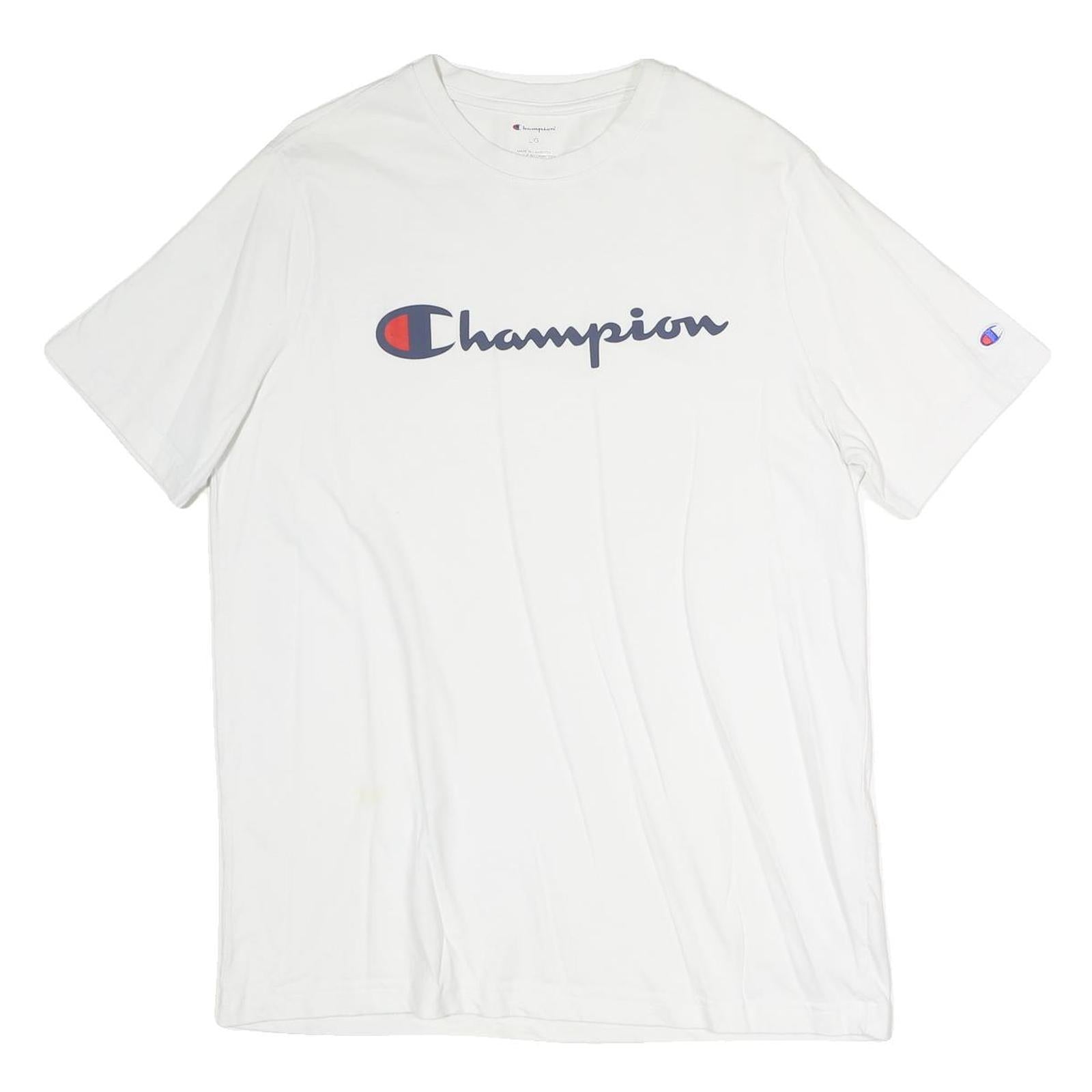 CHAMPION Mens White Cotton Graphic T-Shirt L Short Sleeve Crew Neck Logo