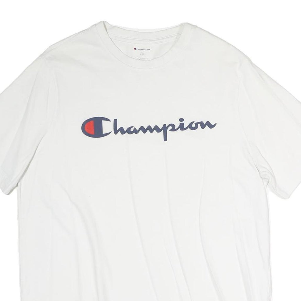 CHAMPION Mens White Cotton Graphic T-Shirt L Short Sleeve Crew Neck Logo