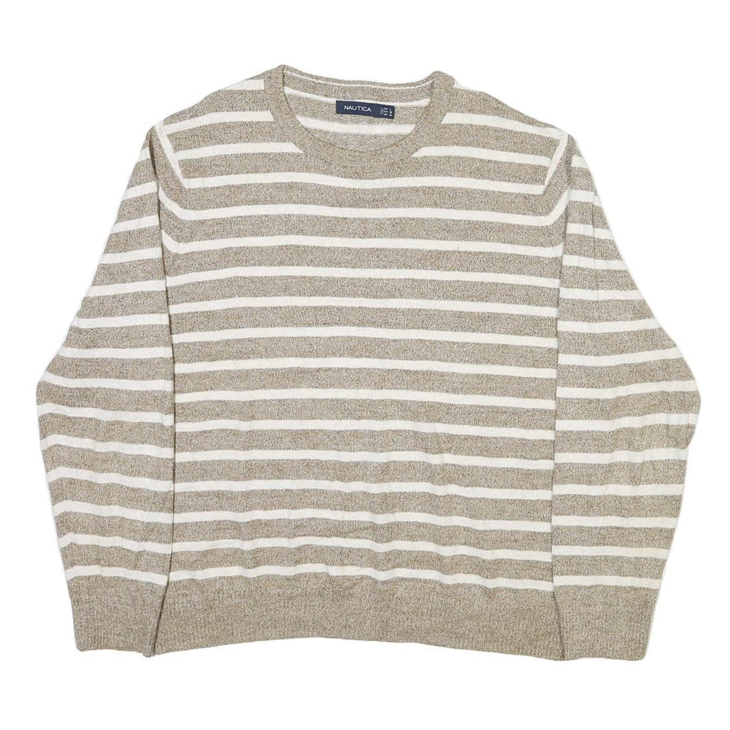 NAUTICA Womens Beige & White Striped Plain Crew Neck Basic Knit XL Cotton Blend