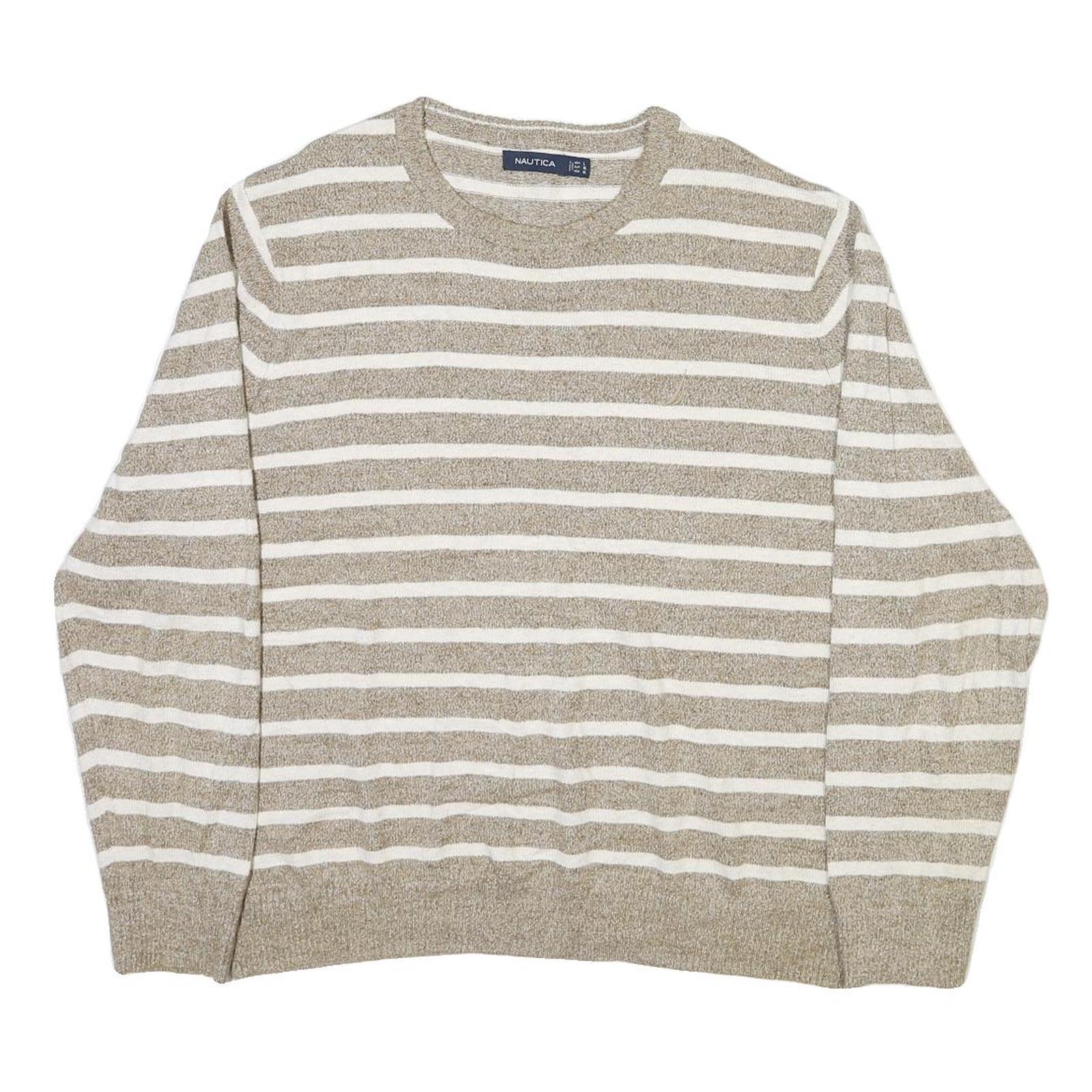 NAUTICA Womens Beige & White Striped Plain Crew Neck Basic Knit XL Cotton Blend