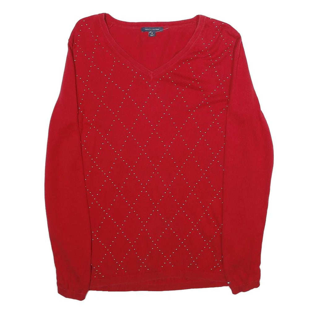 TOMMY HILFIGER Womens Red Patterned Pullover V-Neck Basic Knit M Jumper
