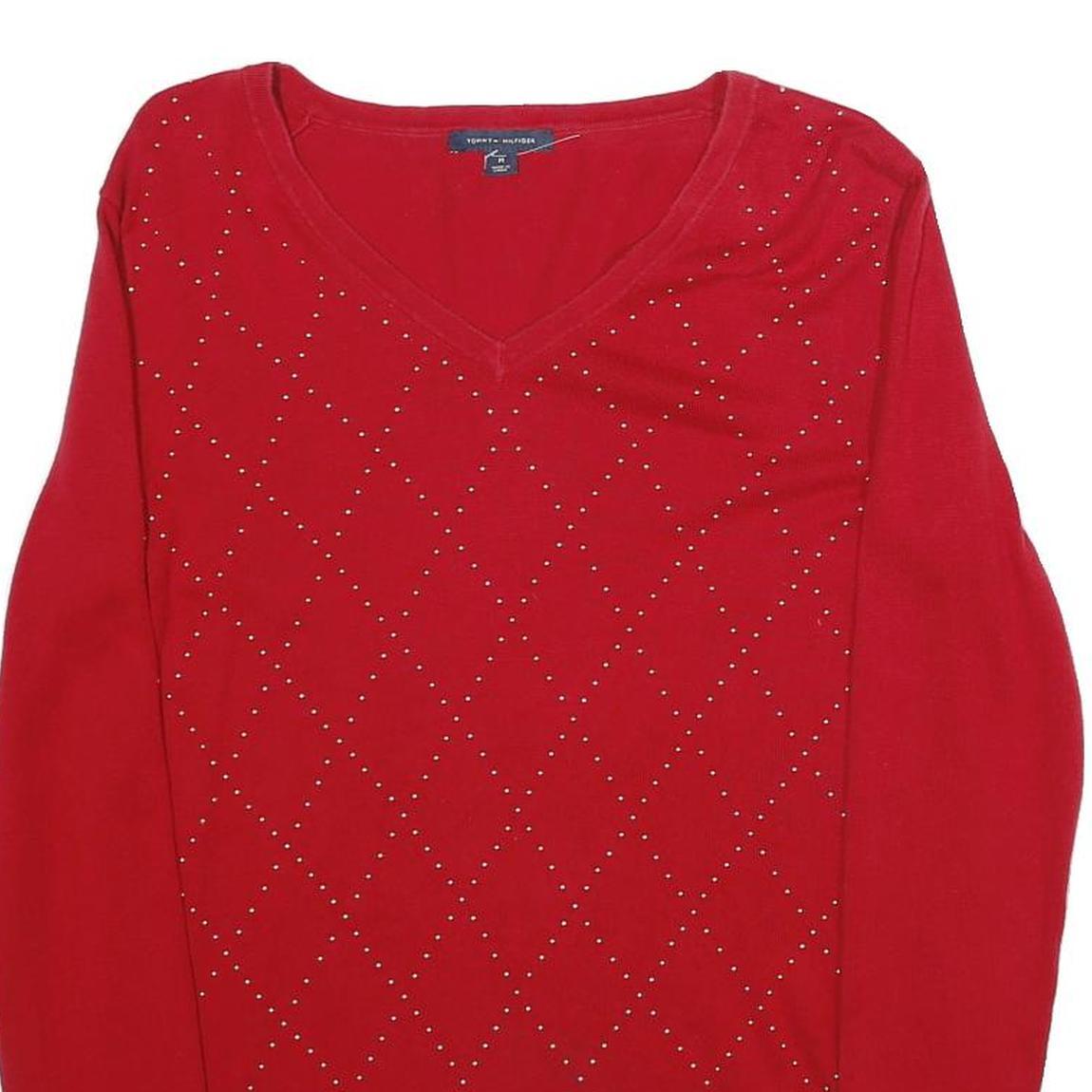 TOMMY HILFIGER Womens Red Patterned Pullover V-Neck Basic Knit M Jumper