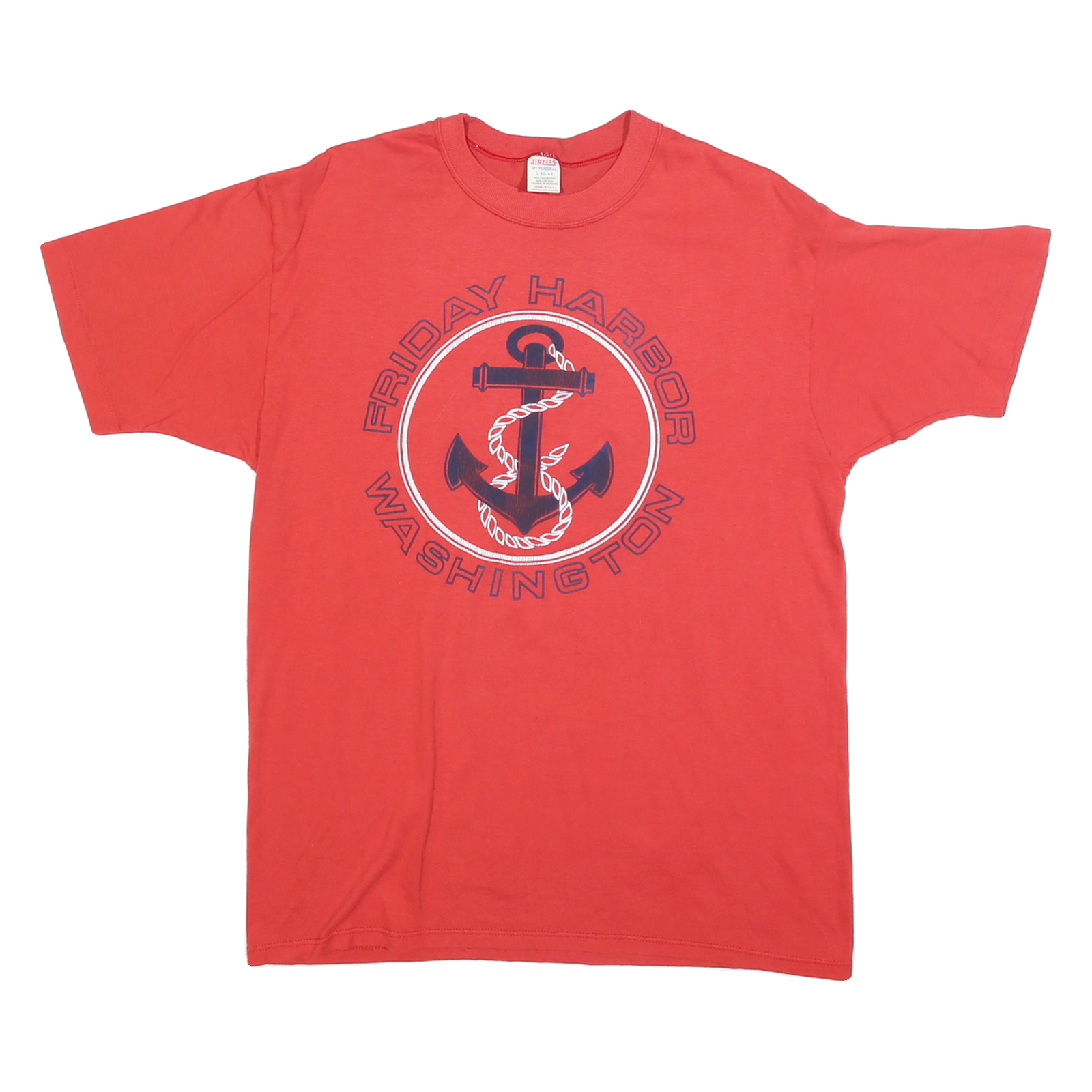 JERZEES Mens Red Friday Harbor Washington Graphic T-Shirt L Short Sleeve Crew
