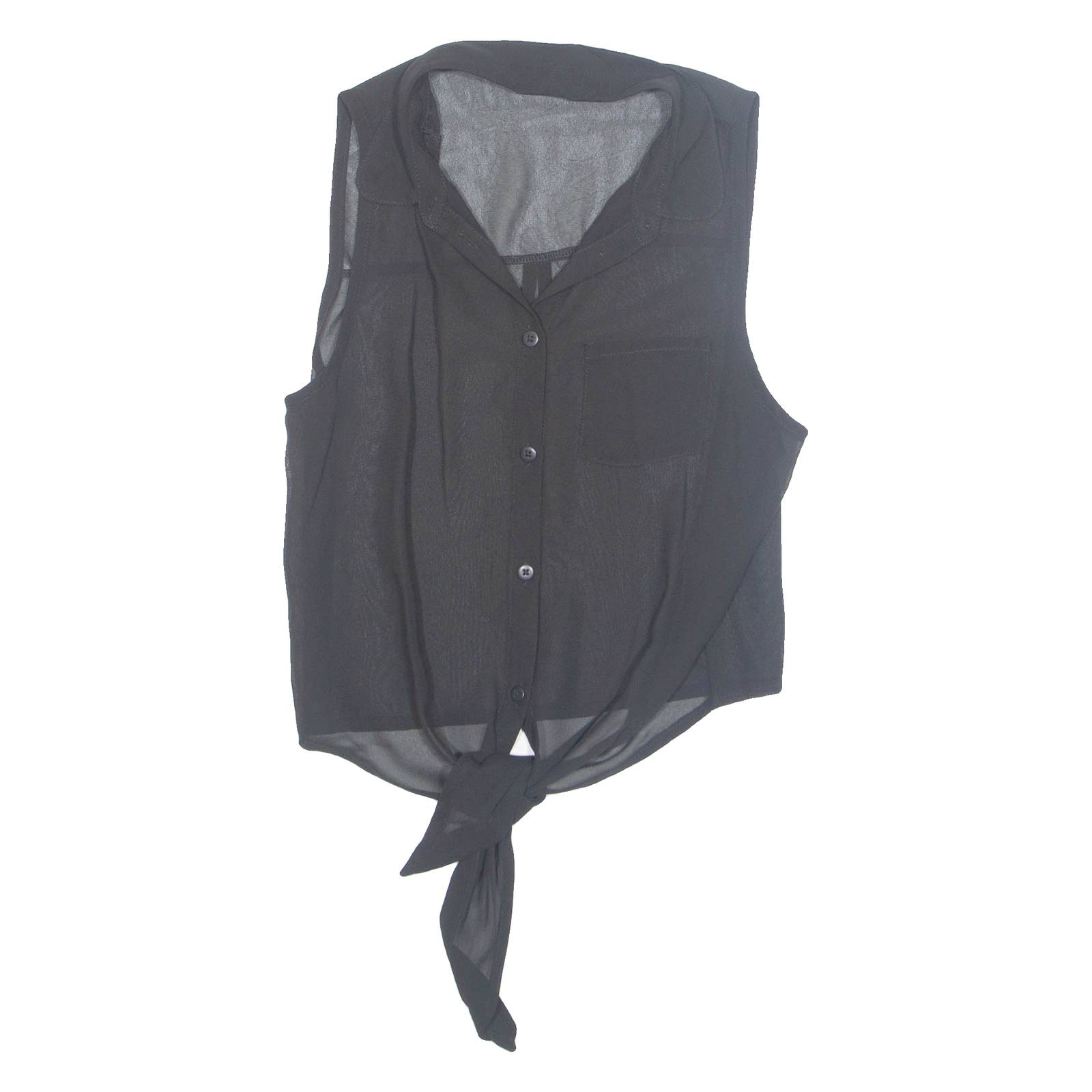 Tie Front Sheer Womens Shirt Black Collared S
