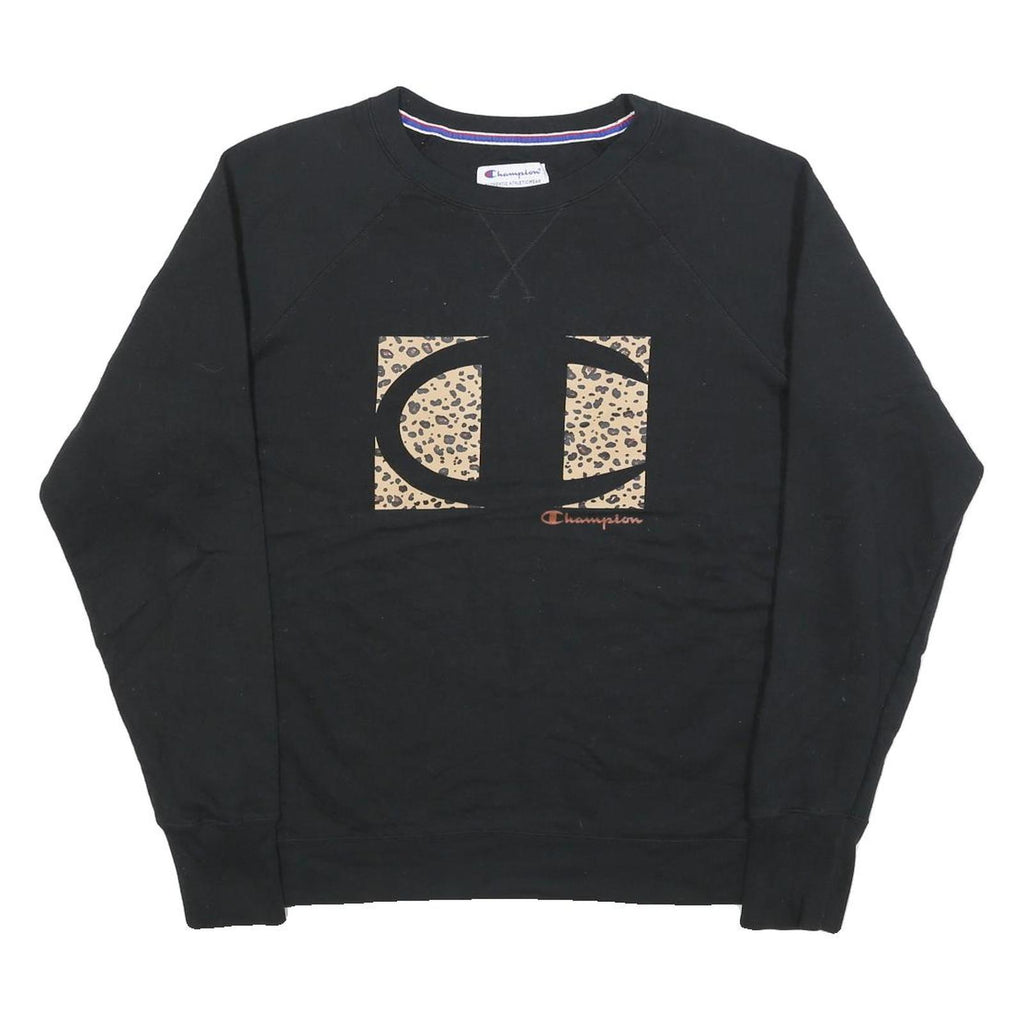 CHAMPION Womens Black Sweatshirt XL Cotton Round Neck Leopard Print Logo