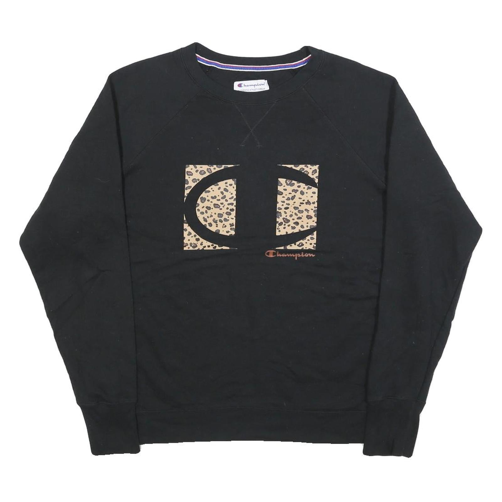 CHAMPION Womens Black Sweatshirt XL Cotton Round Neck Leopard Print Logo