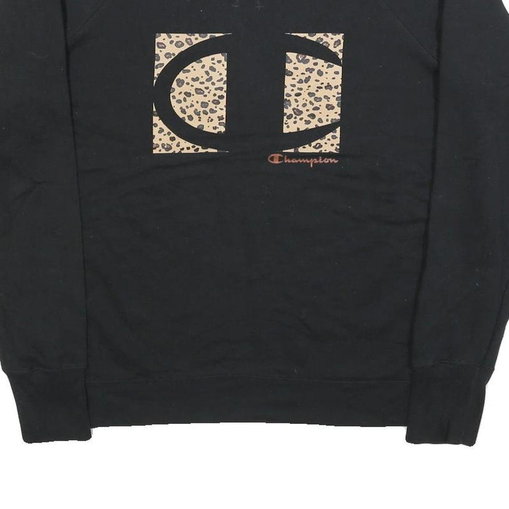 CHAMPION Womens Black Sweatshirt XL Cotton Round Neck Leopard Print Logo