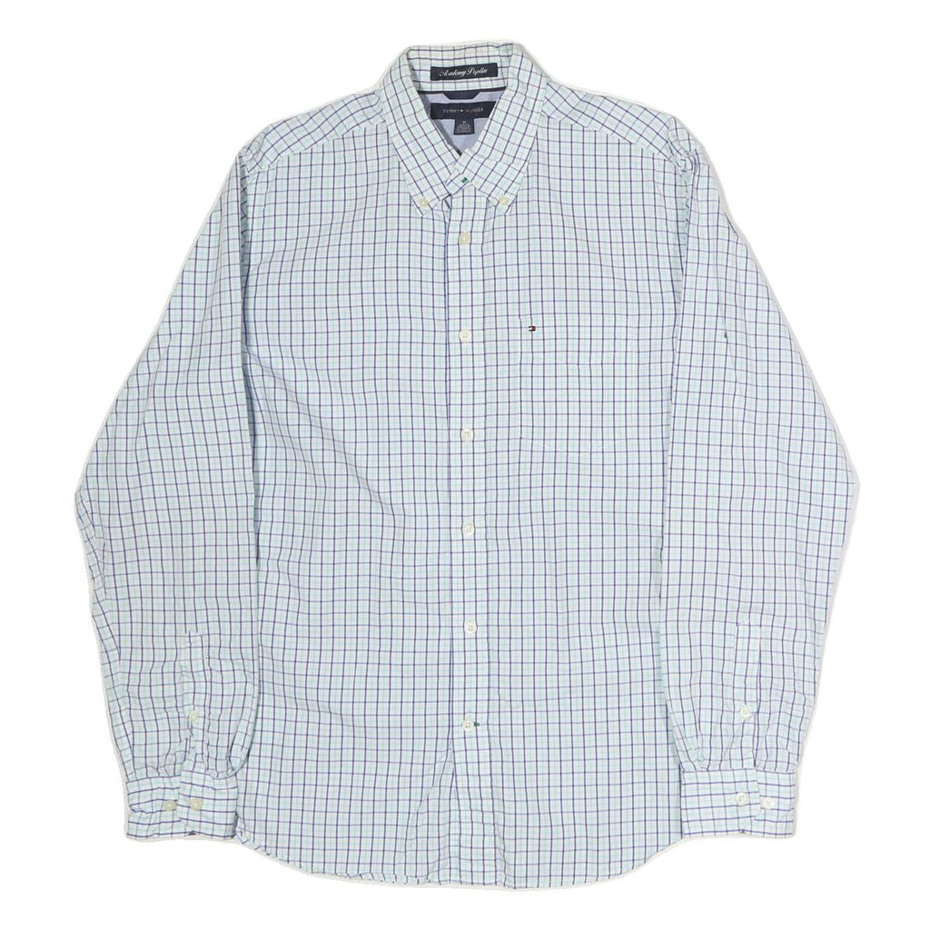 TOMMY HILFIGER Mens White & Blue Check Shirt L Button-Down Collar Casual Cotton