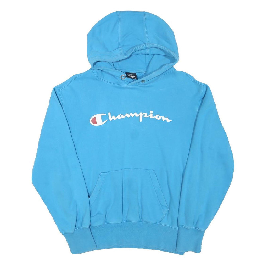 CHAMPION Mens Blue Pullover Hoodie M Logo Print Cotton Blend