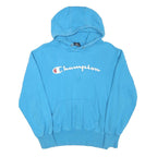 CHAMPION Mens Blue Pullover Hoodie M Logo Print Cotton Blend