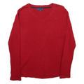 TOMMY HILFIGER Womens Red Cable Knit V-Neck Jumper L Cotton Blend Stylish