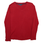 TOMMY HILFIGER Womens Red Cable Knit V-Neck Jumper L Cotton Blend Stylish