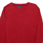 TOMMY HILFIGER Womens Red Cable Knit V-Neck Jumper L Cotton Blend Stylish