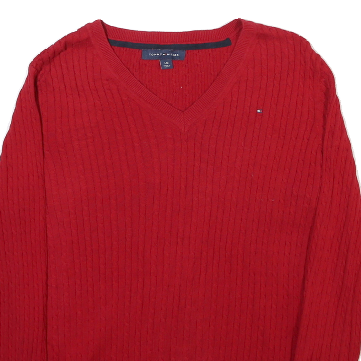TOMMY HILFIGER Womens Red Cable Knit V-Neck Jumper L Cotton Blend Stylish