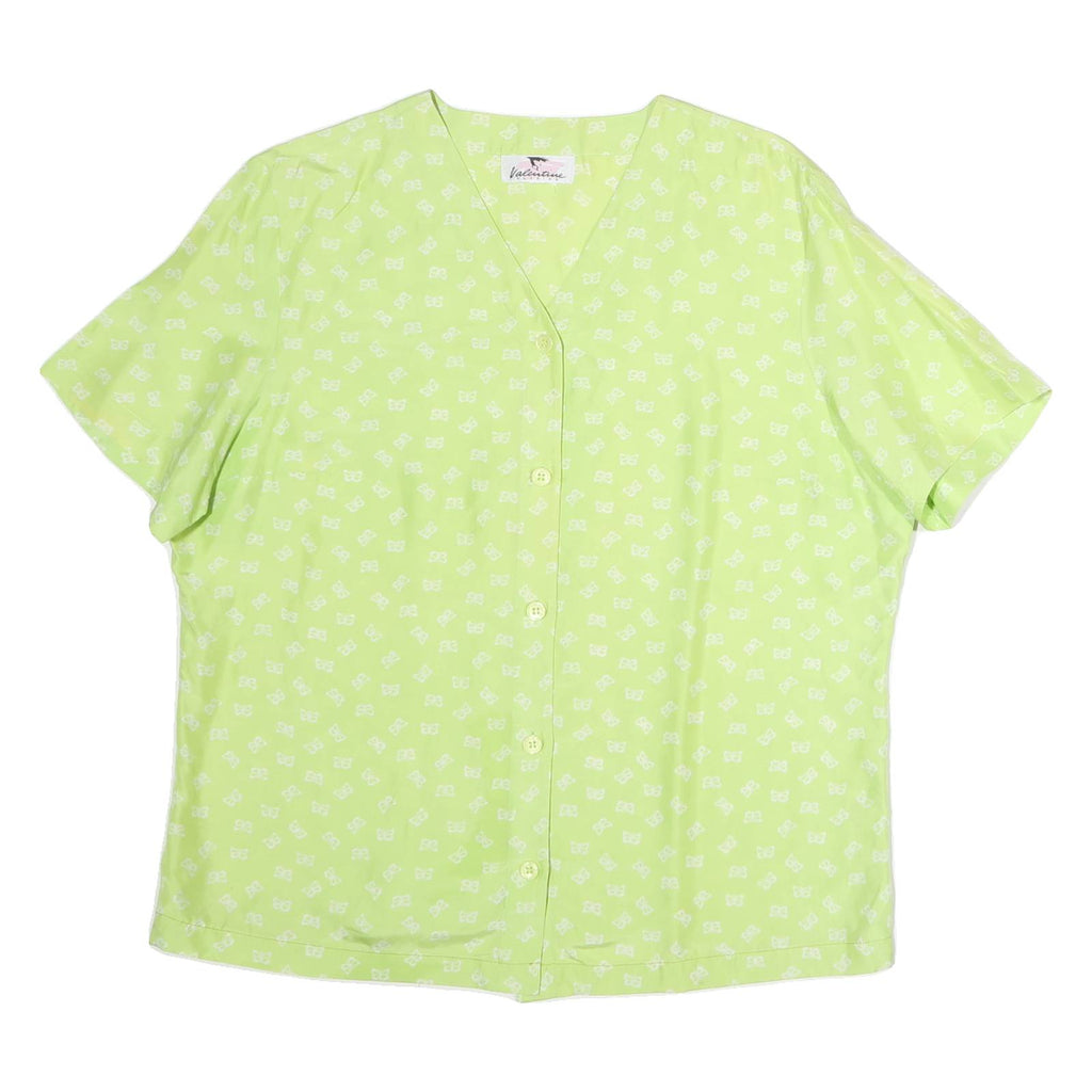 VALENTINE Womens Green Printed Button Short Sleeve V-Neck Top M Lightweight