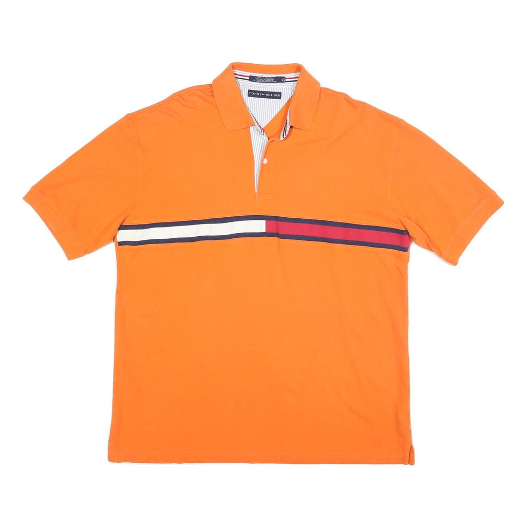 TOMMY HILFIGER Mens Orange Red & White Stripe Short Sleeve Polo Shirt XL Cotton
