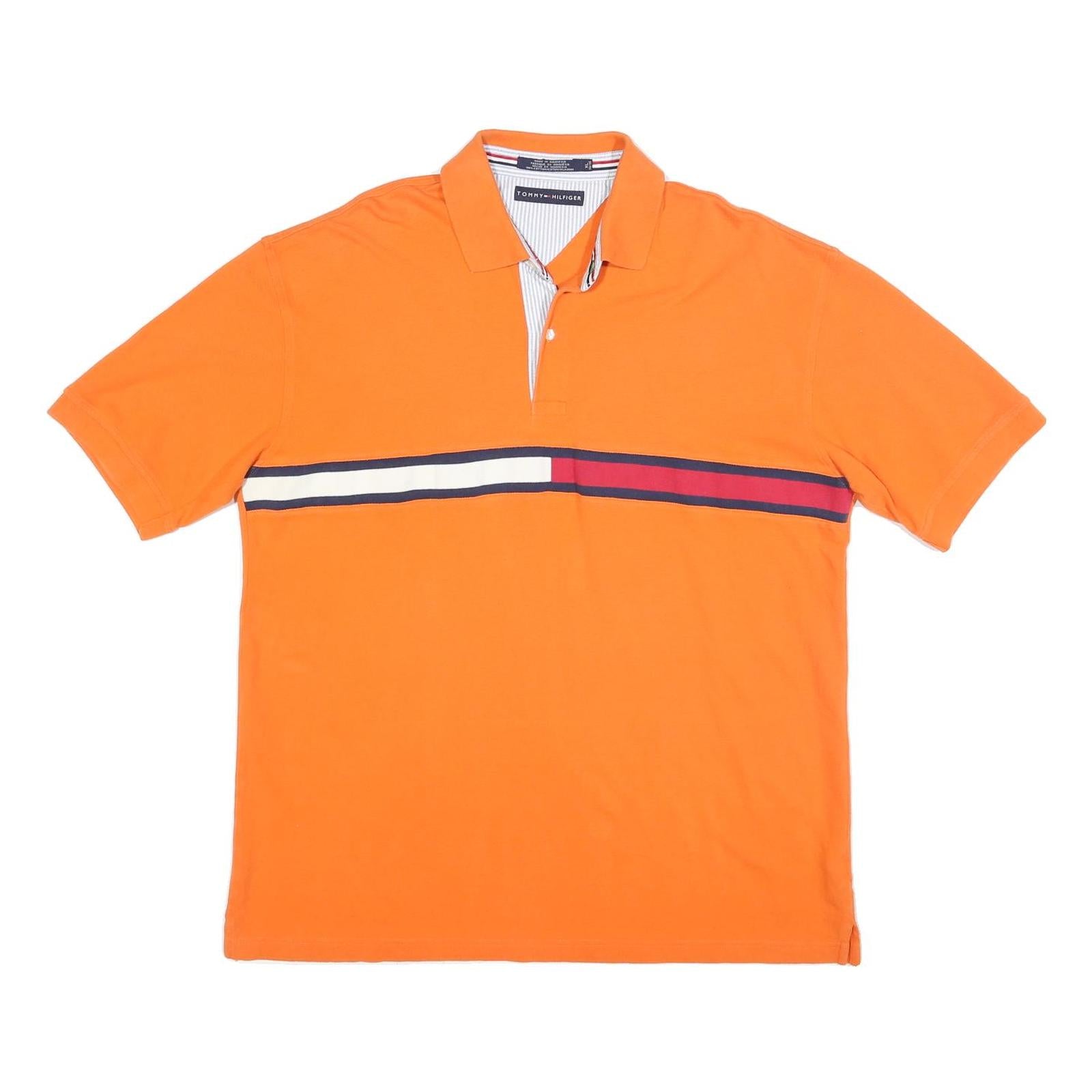TOMMY HILFIGER Mens Orange Red & White Stripe Short Sleeve Polo Shirt XL Cotton