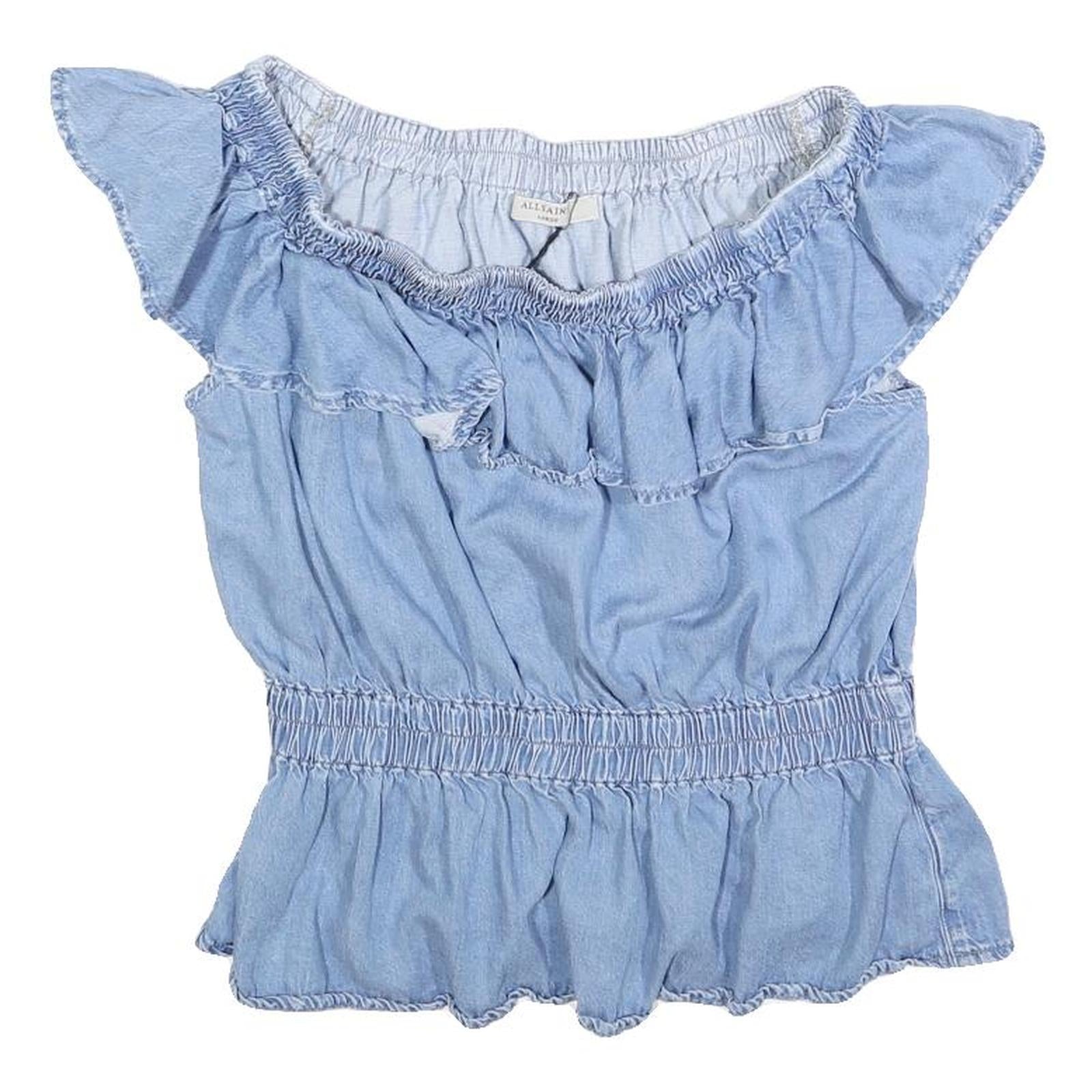 ALL SAINTS Womens Blue Cotton Blend Bardot Top L Ruffle Sleeve Casual