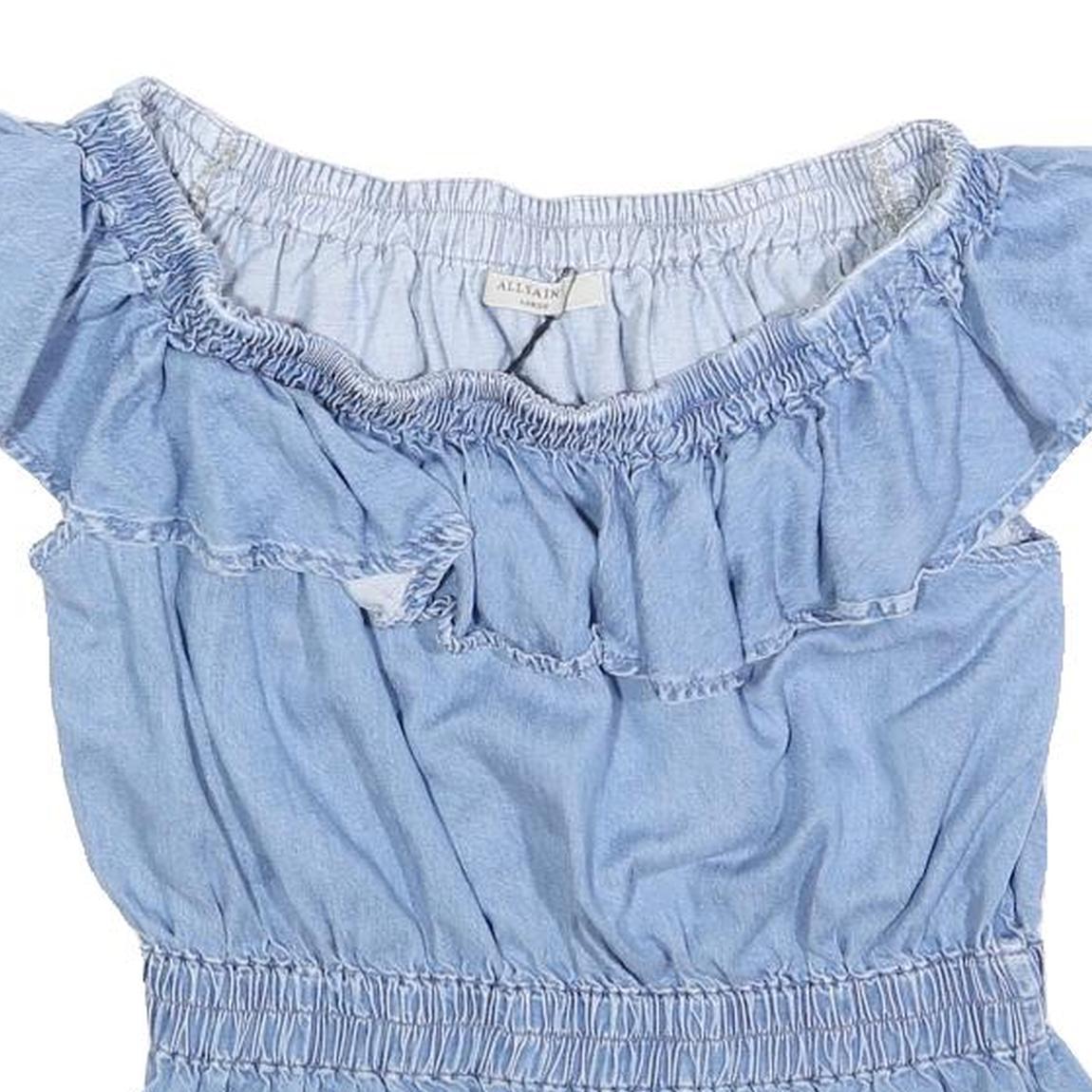 ALL SAINTS Womens Blue Cotton Blend Bardot Top L Ruffle Sleeve Casual