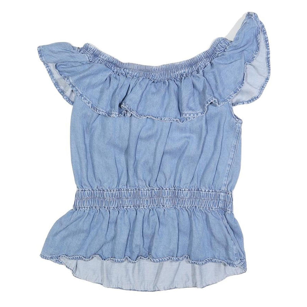 ALL SAINTS Womens Blue Cotton Blend Bardot Top L Ruffle Sleeve Casual