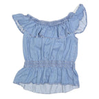 ALL SAINTS Womens Blue Cotton Blend Bardot Top L Ruffle Sleeve Casual